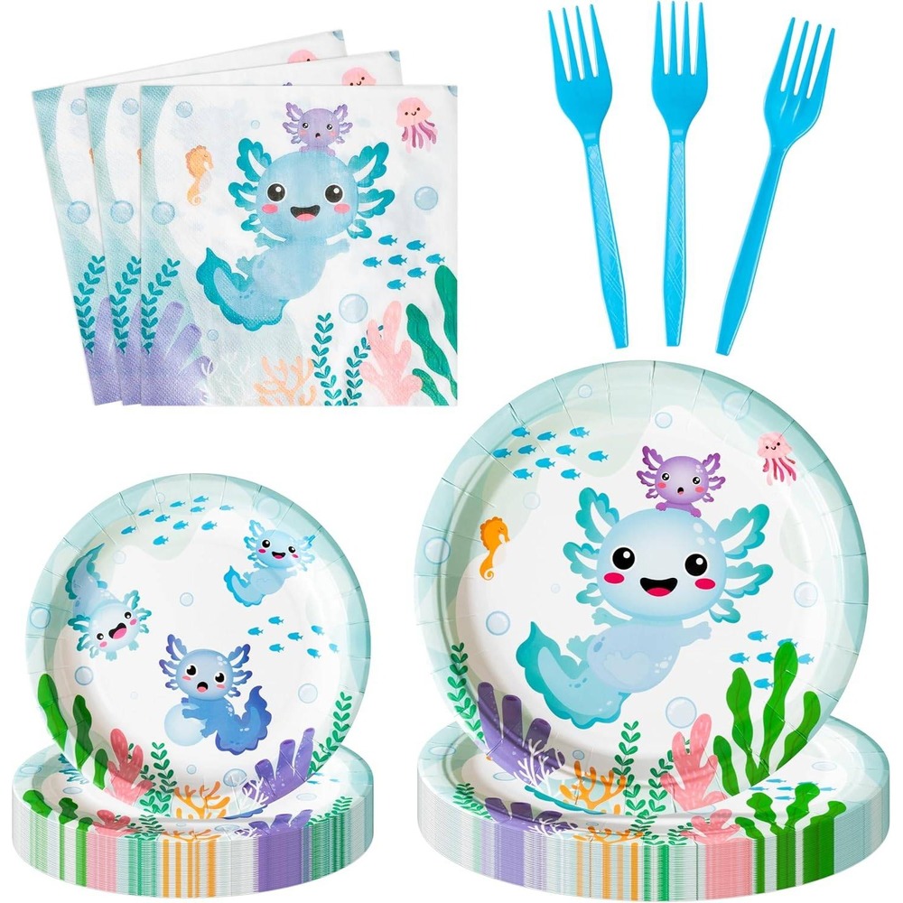 Axolotl Birthday Party Supplies 96 Pcs Set Plates Napkins Forks Serves 24 Blue